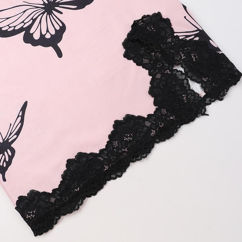 Lace hem butterfly print slit cami mini dress