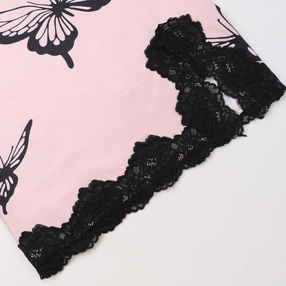 Lace hem butterfly print slit cami mini dress