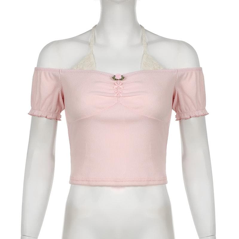 Short puff sleeve off shoulder halter ribbed top
