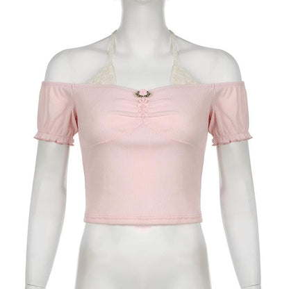 Short puff sleeve off shoulder halter ribbed top