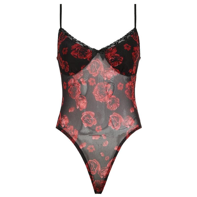V neck rose print bowknot mesh cami bodysuit