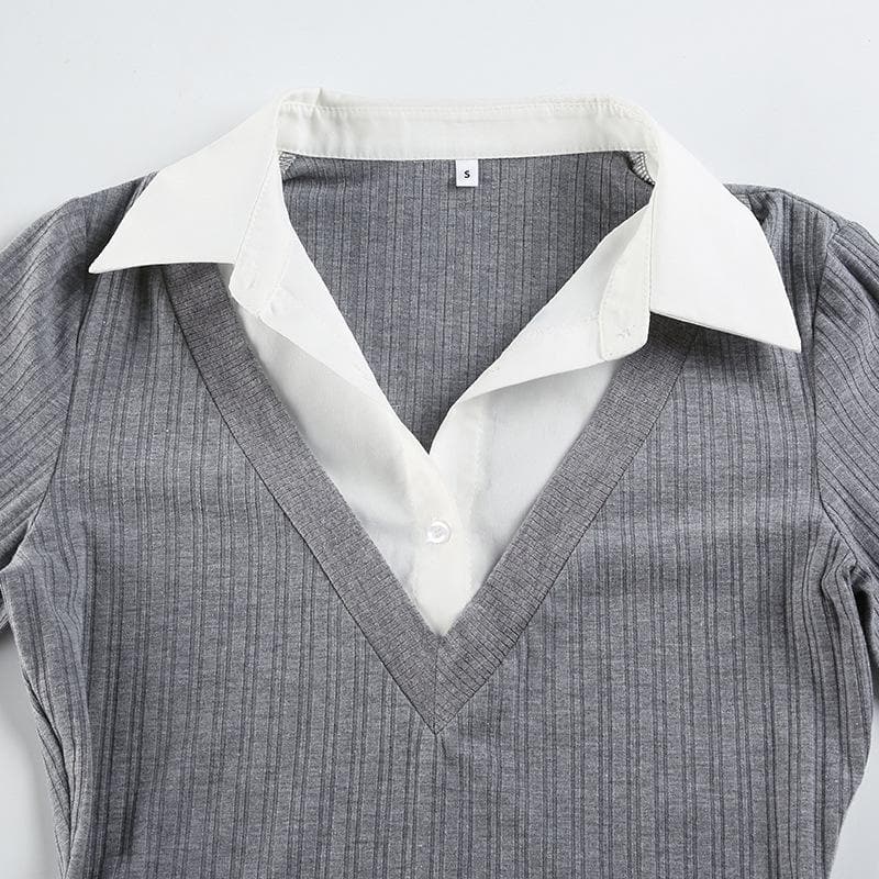 Turnover collar long sleeve ribbed belt top