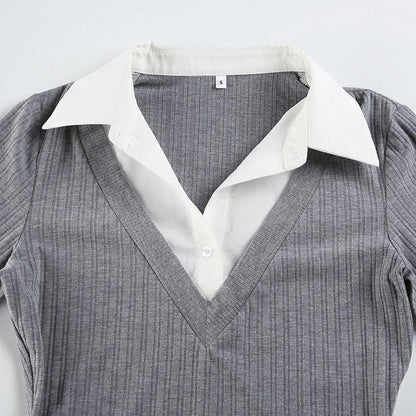 Turnover collar long sleeve ribbed belt top