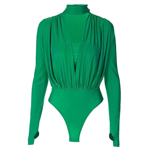 V neck solid ruched gloves high neck long sleeve bodysuit-final-sale