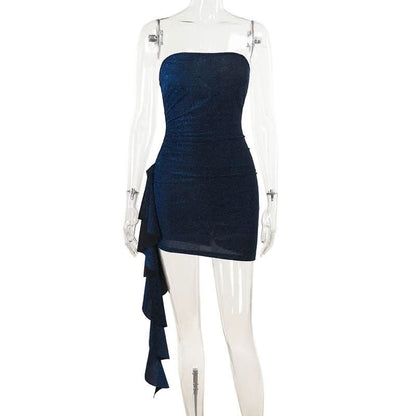 Ruched ruffle irregular backless tube mini dress