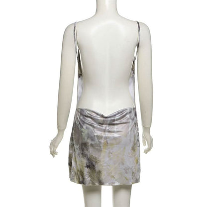 Cowl neck print backless contrast cami mini dress