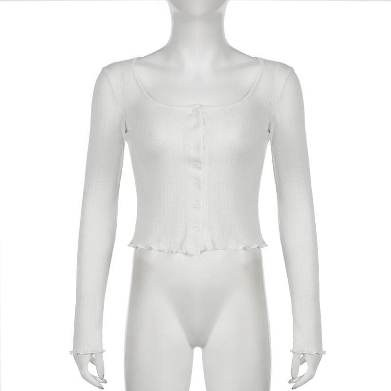 Long sleeve u neck button textured top