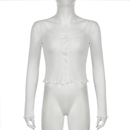 Long sleeve u neck button textured top