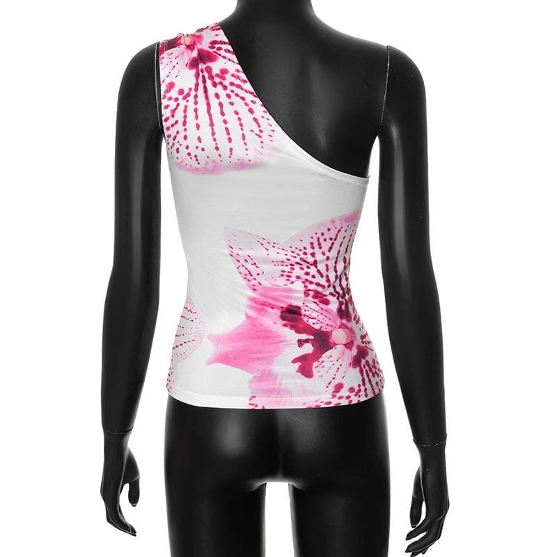One shoulder ruched print backless top
