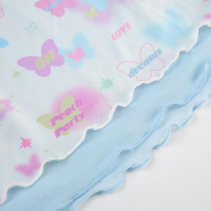 Bowknot butterfly print mesh ruffle cami top