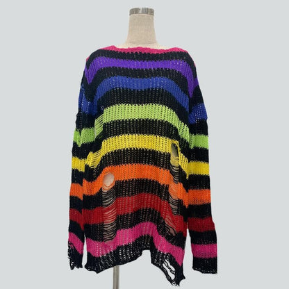 Gradient hollow out contrast striped long sleeve crochet cut out top