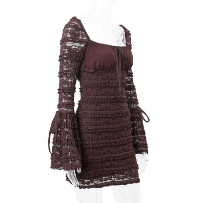 Square Neck Bow Tiered Floral Lace Bell Sleeve Ribbon Tie Bodycon Mini Dress