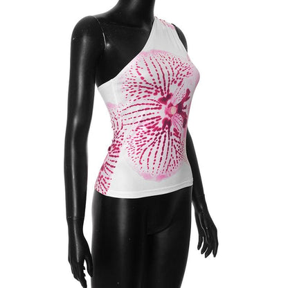 One shoulder ruched print backless top