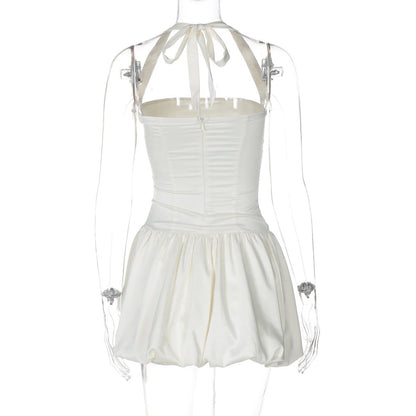 Halter ruched knotted solid mini dress