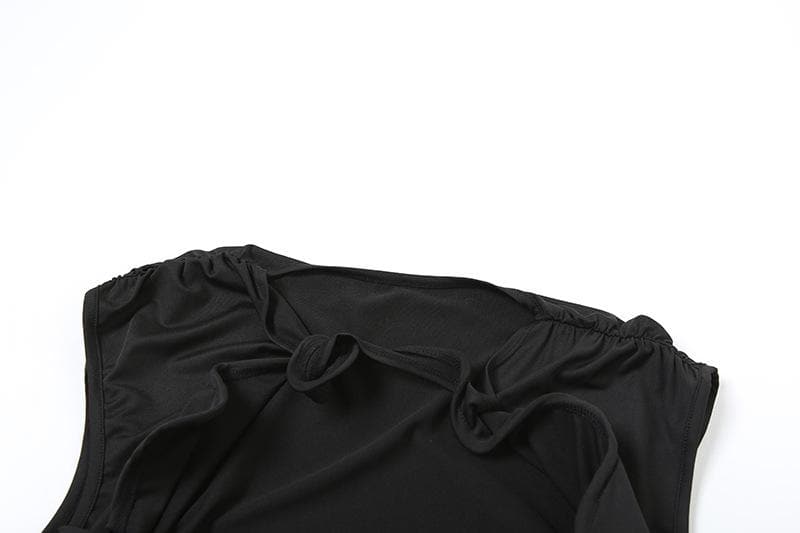 Sleeveless hollow out ruched slit solid maxi skirt set-final-sale