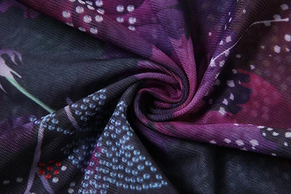 Halter cowl neck beaded sheer mesh print mini dress