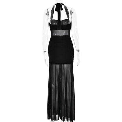 Halter patchwork mesh ruched ruffle maxi dress