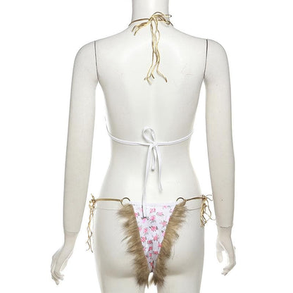 Halter o ring flower print fluffy self tie pant set