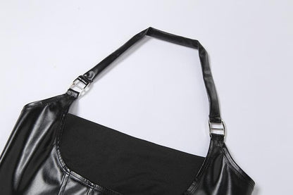 Halter PU leather buckle zip-up stitch solid top