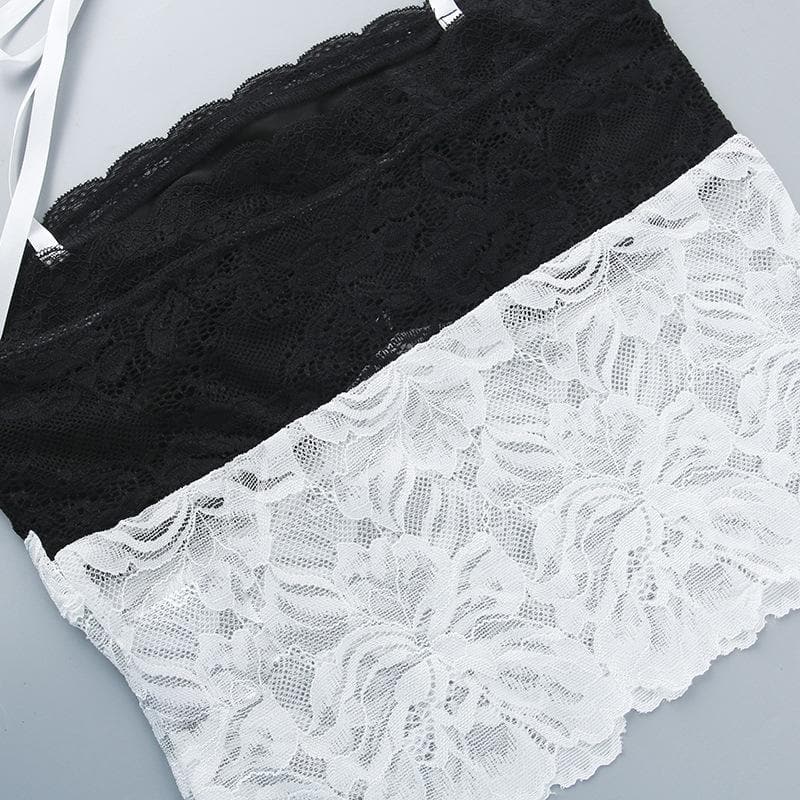 Halter bowknot lace contrast backless see through crop top