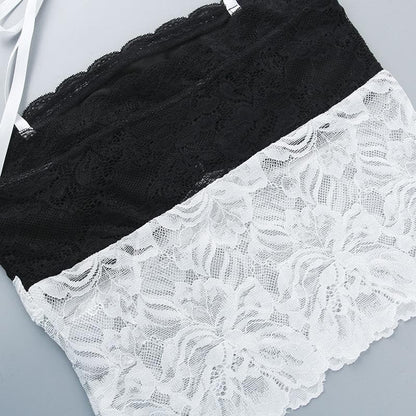 Halter bowknot lace contrast backless see through crop top