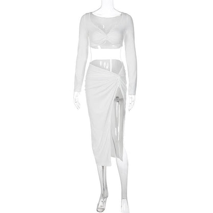 Long sleeve off shoulder high slit midi skirt set
