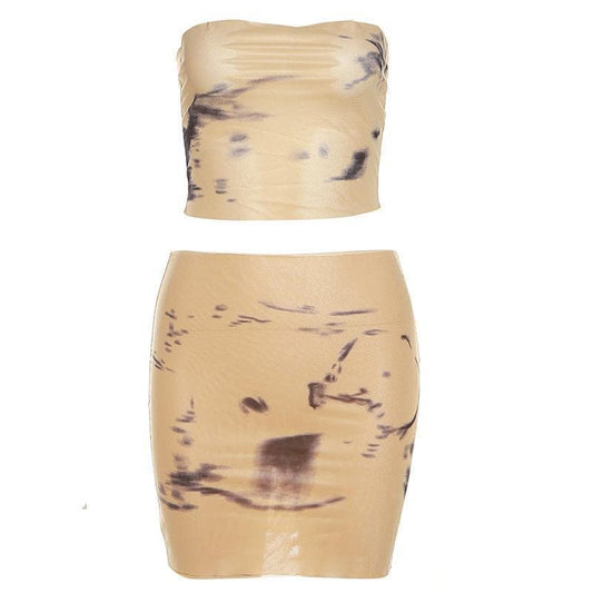 Tie dye contrast sheer mesh see through tube mini skirt set-final-sale