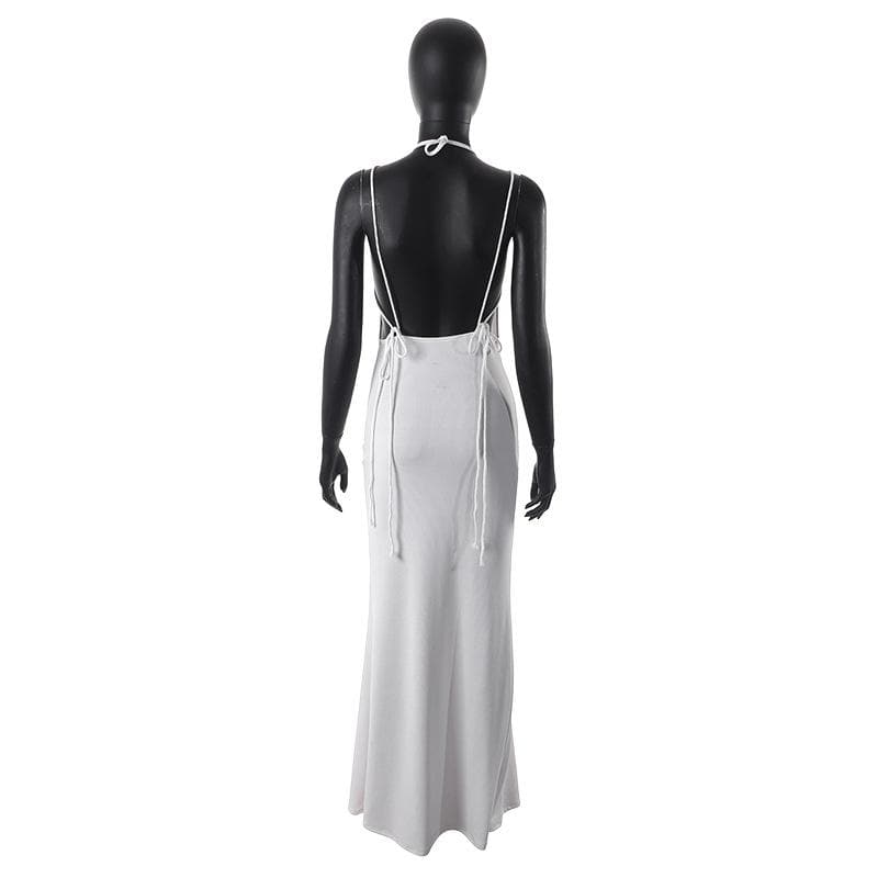 Ribbed halter self tie solid backless sleeveless maxi dress