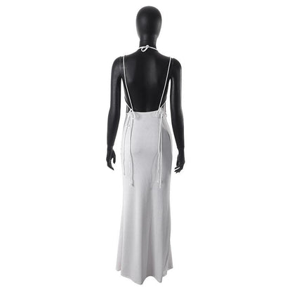 Ribbed halter self tie solid backless sleeveless maxi dress