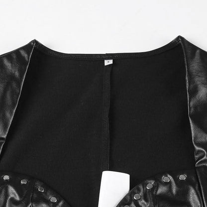 PU leather sweetheart neck long sleeve crop top