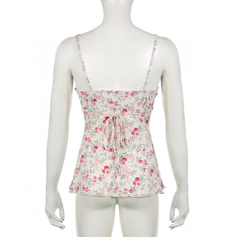 Print v neck lace hem ruffle knotted cami top
