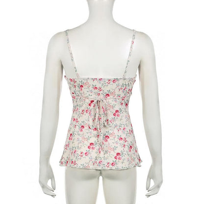Print v neck lace hem ruffle knotted cami top