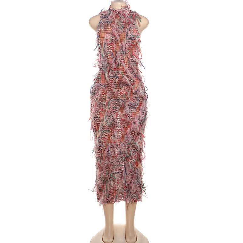 Sleeveless textured ruffle midi dress