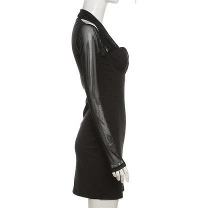 Long sleeve halter mesh patchwork solid mini dress