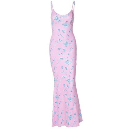 Flower print v neck backless cami maxi dress