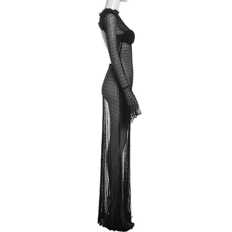 Long flared sleeve textured see through maxi dress-final-sale