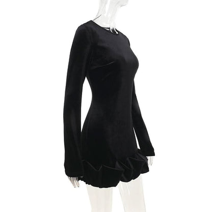 Long sleeve crewneck velvet ruffle mini dress