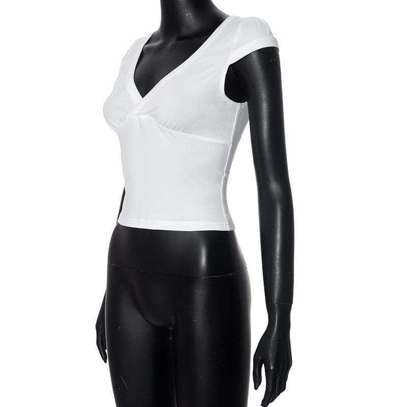 Cap sleeve v neck ruched solid top