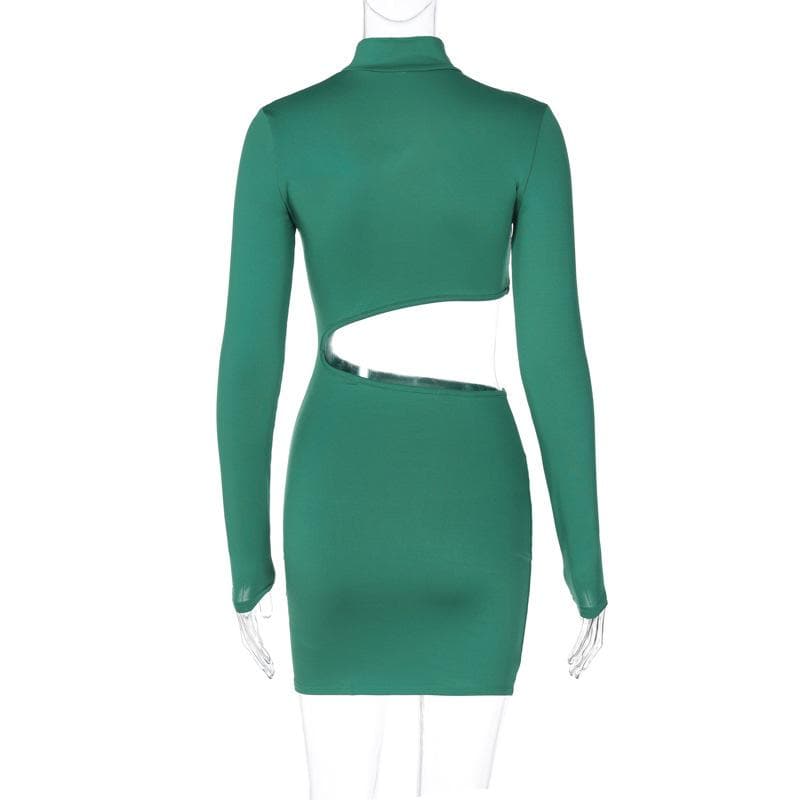 Mock Neck Long Sleeve Asymmetrical Cutout Bodycon Mini Dress