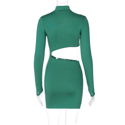 Mock Neck Long Sleeve Asymmetrical Cutout Bodycon Mini Dress