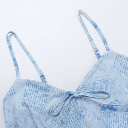 Mesh v neck print backless cami top