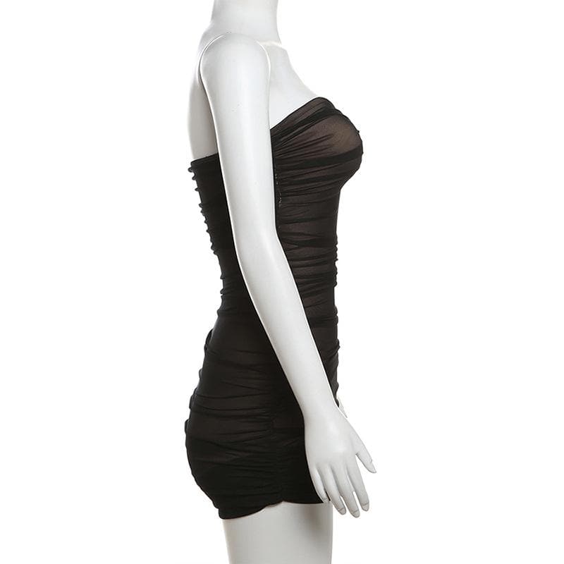 Ruched mesh patchwork solid tube mini dress