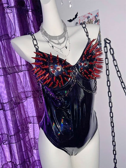 PU leather rivet metal chain bodysuit