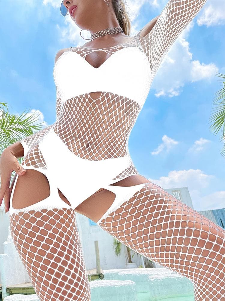 Fishnet hollow out off shoulder open crotch bodystocking