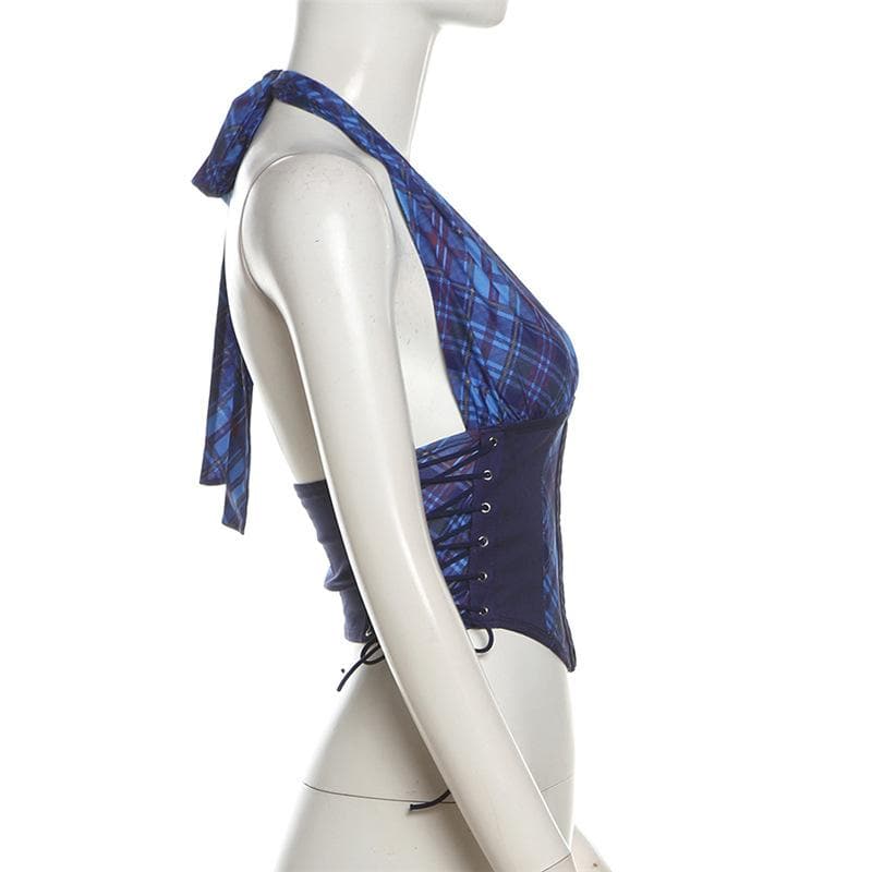 Halter button plaid print lace up top