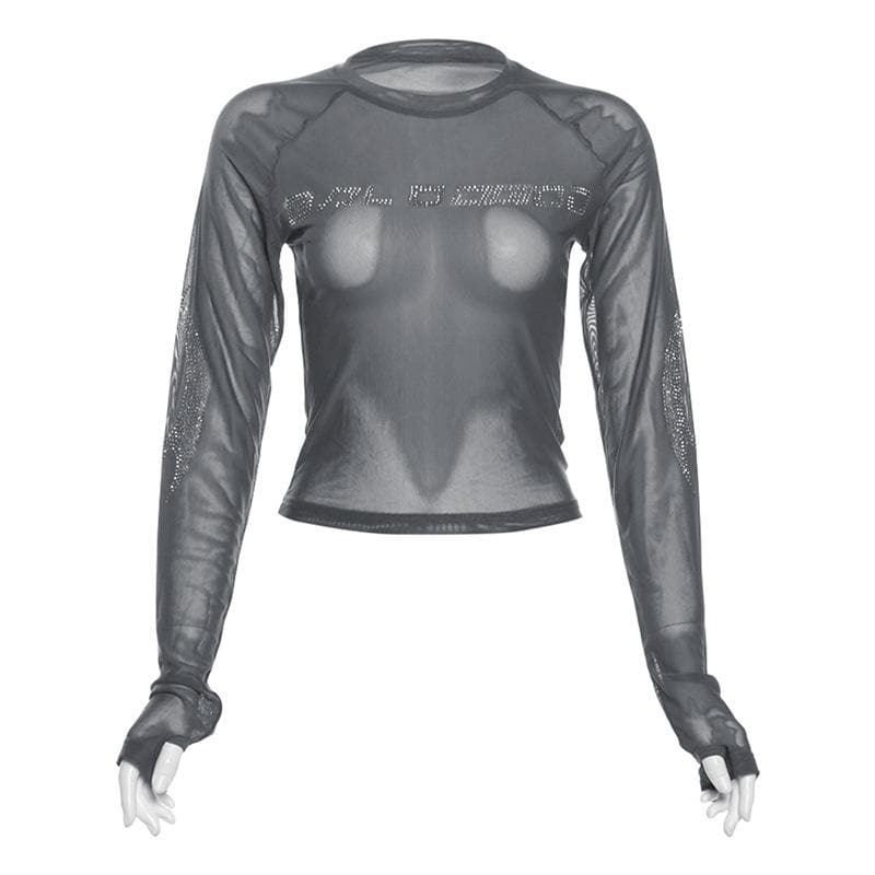Long sleeve beaded sheer mesh top