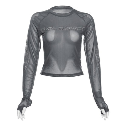 Long sleeve beaded sheer mesh top