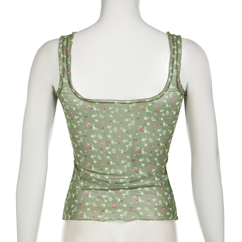 Square neck ruffle sheer mesh flower print tan tank top