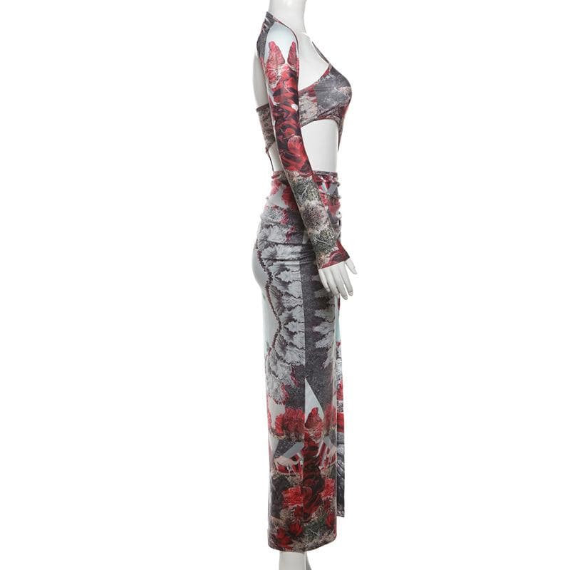 Irregular print contrast drawstring ruched high slit hollow out cut out maxi dress