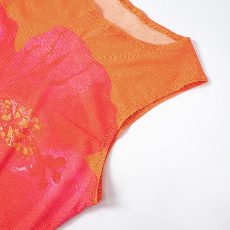 Sleeveless crewneck flower print sheer mesh maxi dress